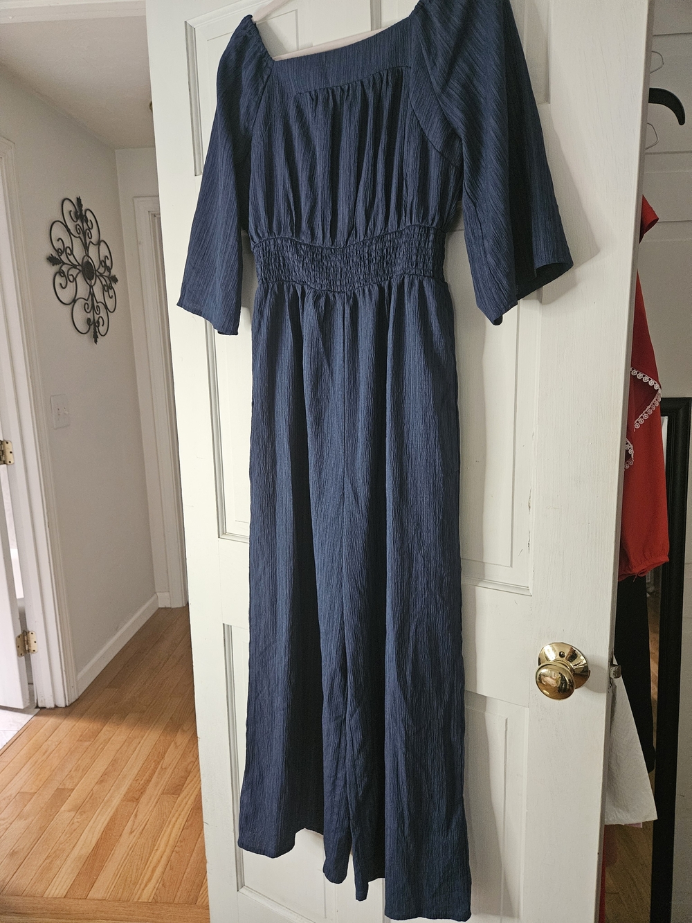 Cupshe Navy Square-Neck Smocked-Waist Jumpsuit
